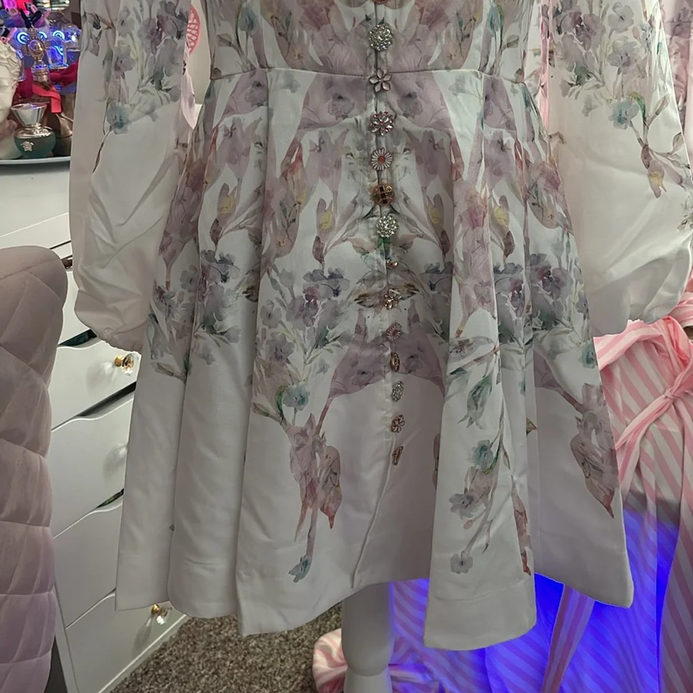 Women's Floral Print Dress Stand Collar Long Sleeve and floral Belt. - Picture 5 of 7